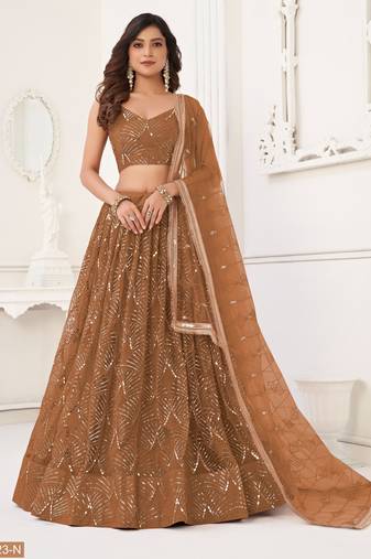 Dark Brown Net With sequins and thread embroidered  Lehenga Choli