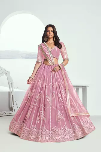 Pink Embroidered Party Wear Lehenga Choli