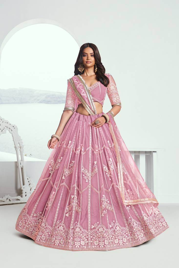 Pink Embroidered Party Wear Lehenga Choli