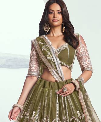 Olive Green Embroidered Party Wear Lehenga Choli 2