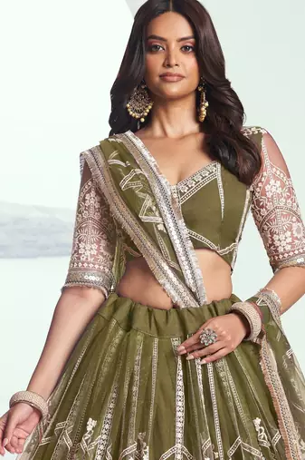 Olive Green Embroidered Party Wear Lehenga Choli