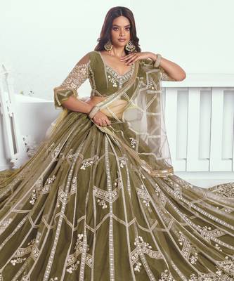 Olive Green Embroidered Party Wear Lehenga Choli 1