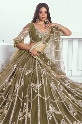 Olive Green Embroidered Party Wear Lehenga Choli
