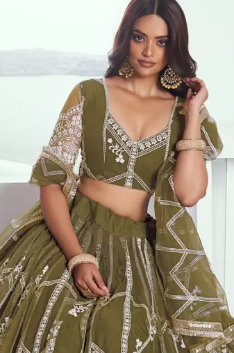 Olive Green Embroidered Party Wear Lehenga Choli
