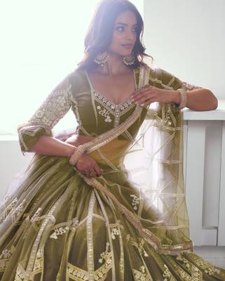 Olive Green Embroidered Party Wear Lehenga Choli 4