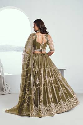 Olive Green Embroidered Party Wear Lehenga Choli 5