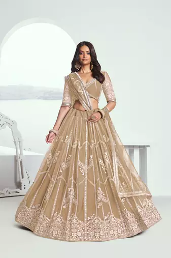 Beige Embroidered Party Wear Lehenga Choli