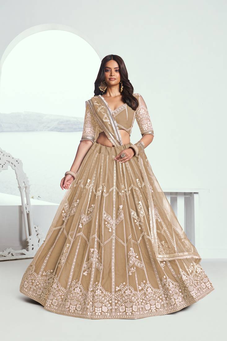 Beige Embroidered Party Wear Lehenga Choli