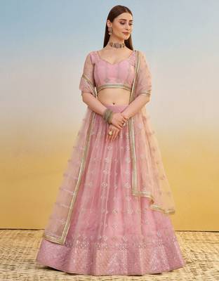 Baby Pink Thread Embroidery Net Lehenga Choli With Dupatta 1