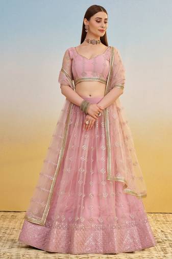Baby Pink Thread Embroidery Net Lehenga Choli With Dupatta