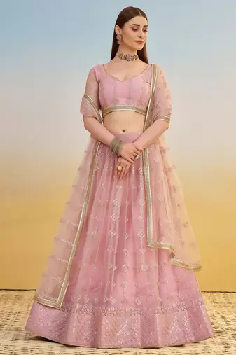 Baby Pink Thread Embroidery Net Lehenga Choli With Dupatta