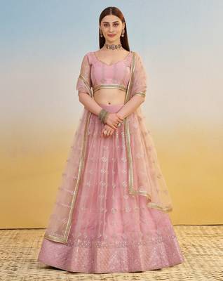 Baby Pink Thread Embroidery Net Lehenga Choli With Dupatta 2