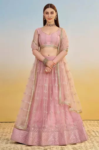 Baby Pink Thread Embroidery Net Lehenga Choli With Dupatta