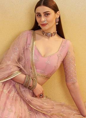 Baby Pink Thread Embroidery Net Lehenga Choli With Dupatta 3