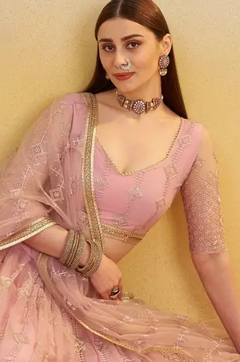 Baby Pink Thread Embroidery Net Lehenga Choli With Dupatta