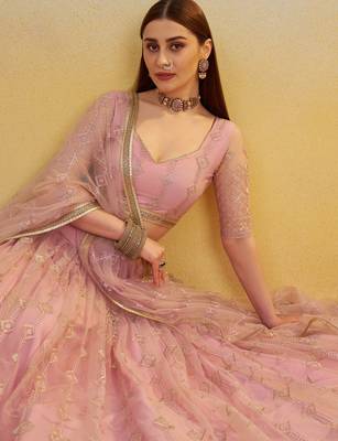 Baby Pink Thread Embroidery Net Lehenga Choli With Dupatta 4
