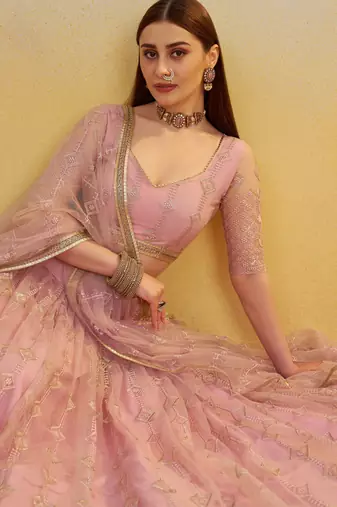 Baby Pink Thread Embroidery Net Lehenga Choli With Dupatta