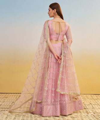 Baby Pink Thread Embroidery Net Lehenga Choli With Dupatta 5