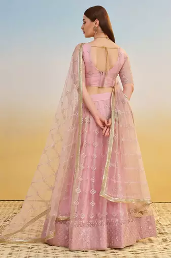 Baby Pink Thread Embroidery Net Lehenga Choli With Dupatta