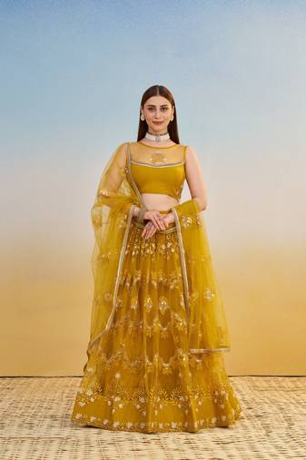 Mustard yellow net with sequin & thread embroidery Lehenga Choli
