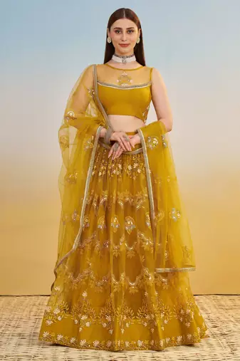 Mustard yellow net with sequin & thread embroidery Lehenga Choli