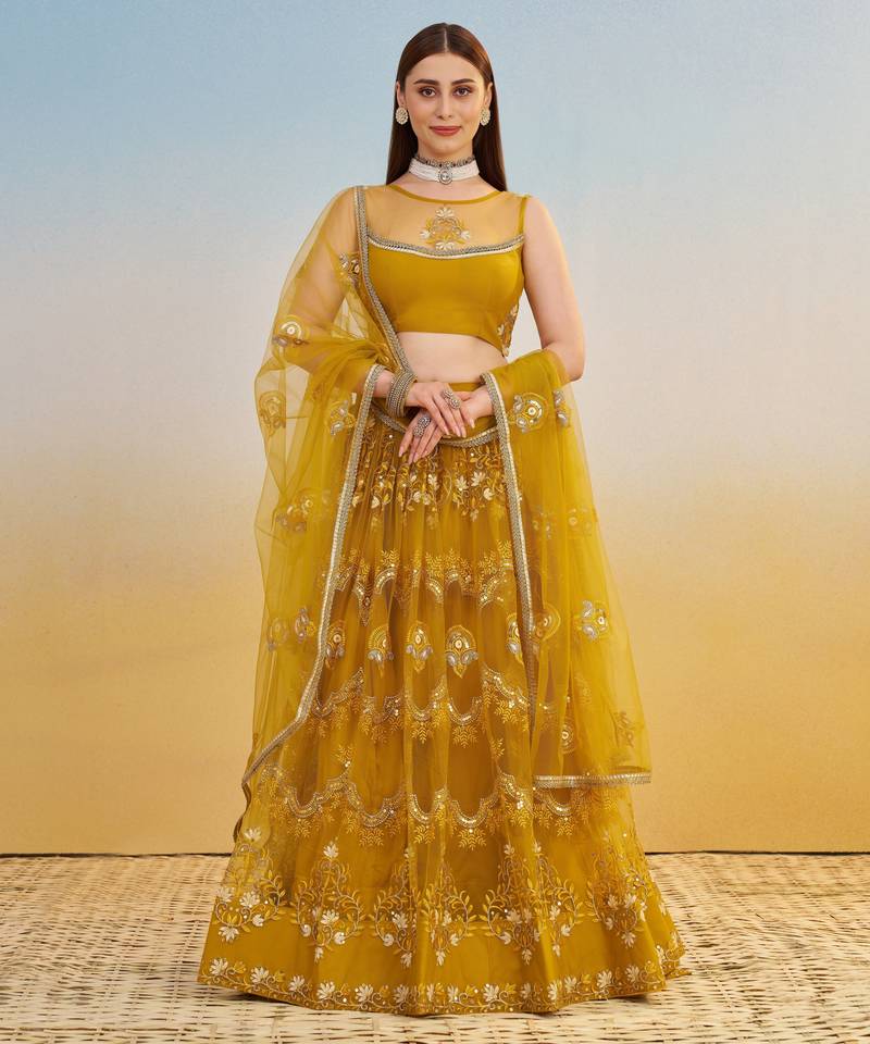 Mustard yellow net with sequin & thread embroidery Lehenga Choli