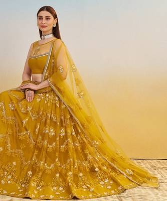 Mustard yellow net with sequin & thread embroidery Lehenga Choli 2