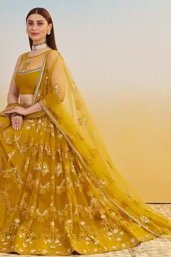 Mustard yellow net with sequin & thread embroidery Lehenga Choli