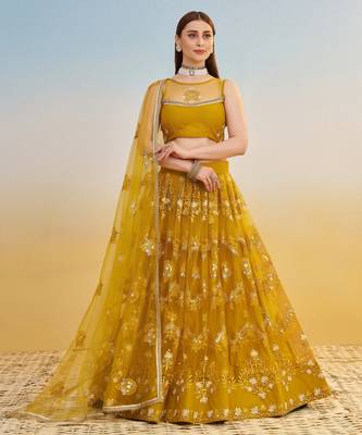 Mustard yellow net with sequin & thread embroidery Lehenga Choli 3