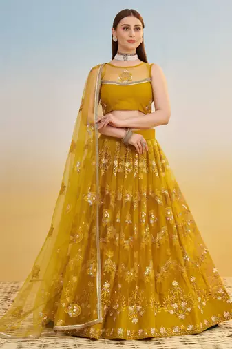 Mustard yellow net with sequin & thread embroidery Lehenga Choli
