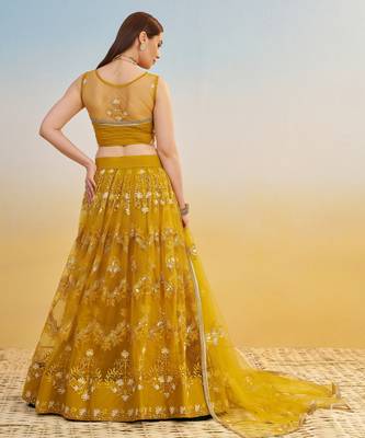 Mustard yellow net with sequin & thread embroidery Lehenga Choli 5