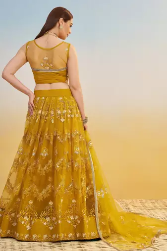 Mustard yellow net with sequin & thread embroidery Lehenga Choli