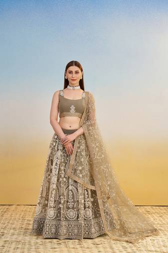 Ivory net lehenga with sequins and thread embroidery work