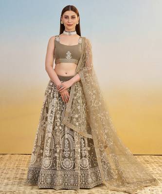 Ivory net lehenga with sequins and thread embroidery work 1