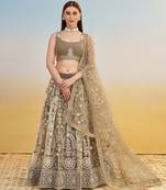 Ivory net lehenga with sequins and thread embroidery work