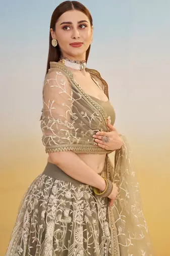 Ivory net lehenga with sequins and thread embroidery work