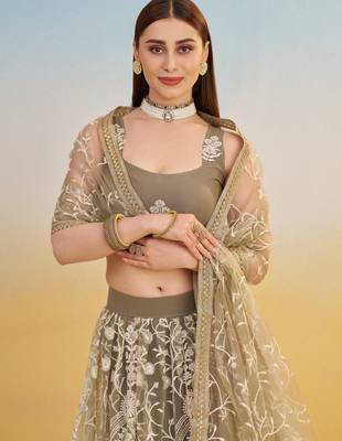 Ivory net lehenga with sequins and thread embroidery work 4