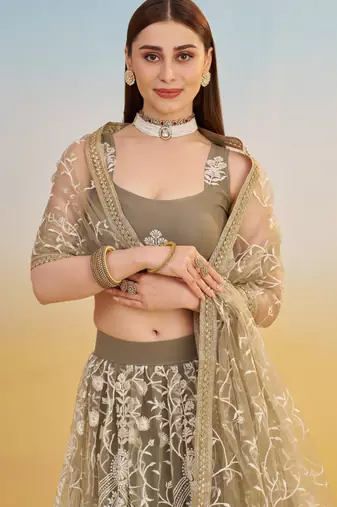 Ivory net lehenga with sequins and thread embroidery work