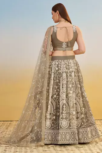 Ivory net lehenga with sequins and thread embroidery work