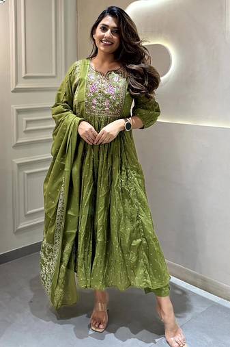 Cotton designer kurta pant and dupatta set green anarkali