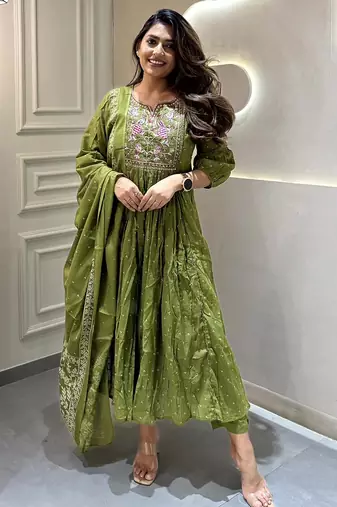 Cotton designer kurta pant and dupatta set green anarkali