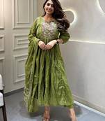 Cotton designer kurta pant and dupatta set green anarkali