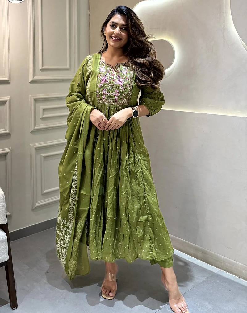 Cotton designer kurta pant and dupatta set green anarkali