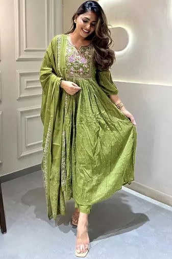 Cotton designer kurta pant and dupatta set green anarkali