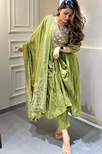 Cotton designer kurta pant and dupatta set green anarkali