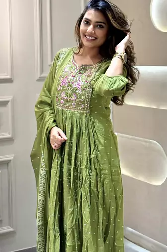 Cotton designer kurta pant and dupatta set green anarkali