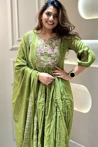 Cotton designer kurta pant and dupatta set green anarkali