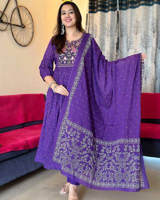 Purple embroidered long kurta bottom set with dupatta 1