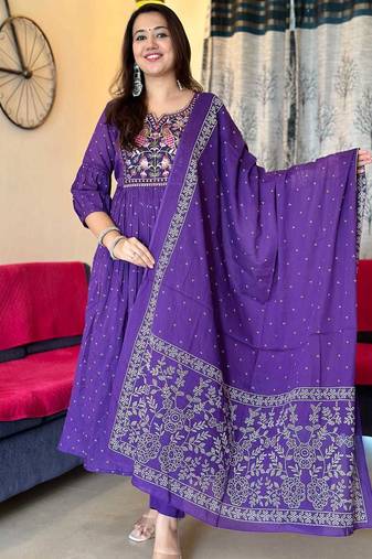 Purple embroidered long kurta bottom set with dupatta