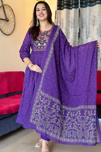 Purple embroidered long kurta bottom set with dupatta